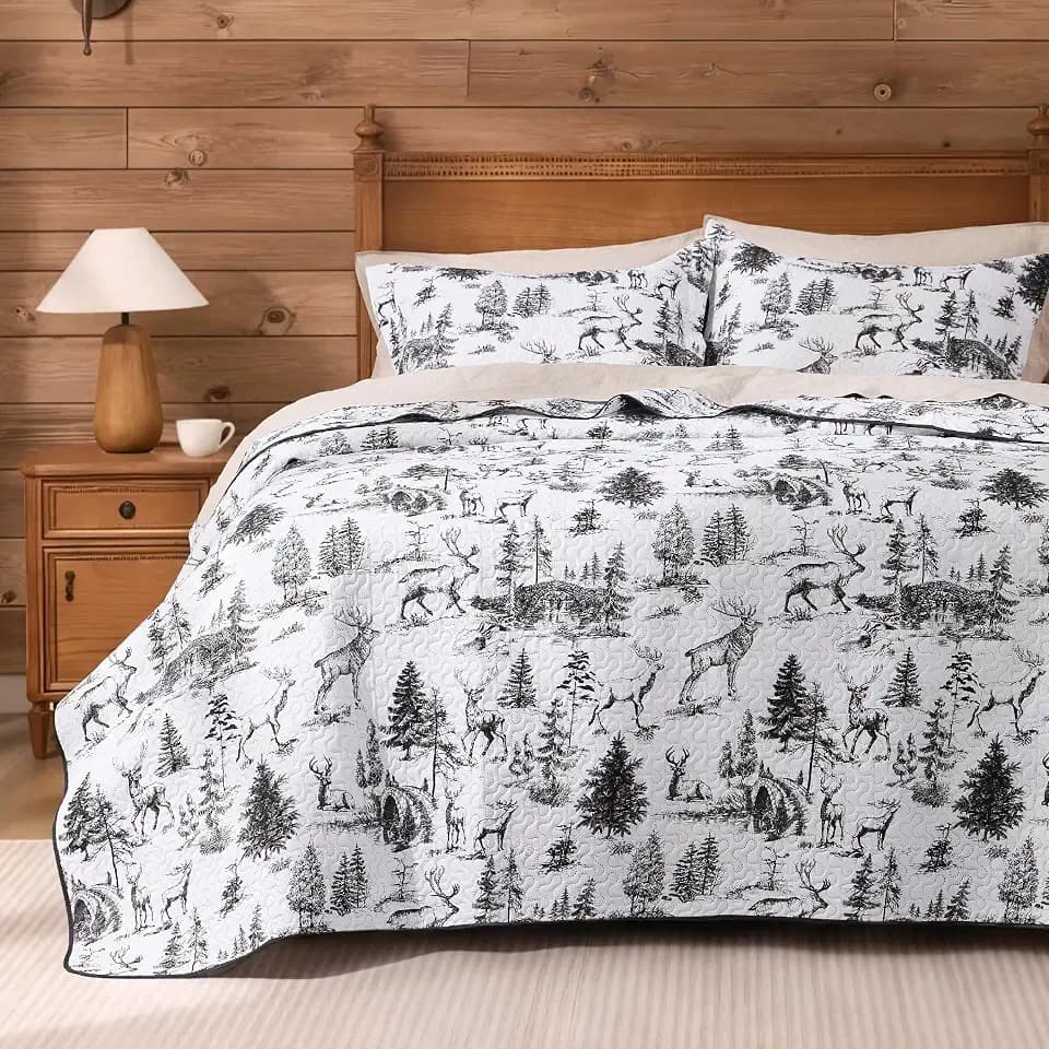 PPOLCA Rustic Twin Quilt Bedding Set, Christmas Lightweight Reversible Cabin Deer Bedspread Coverlet, 2-Piece Lodge Bed Cover Quilt with 1 Pillow Sham for All Season, White and Black