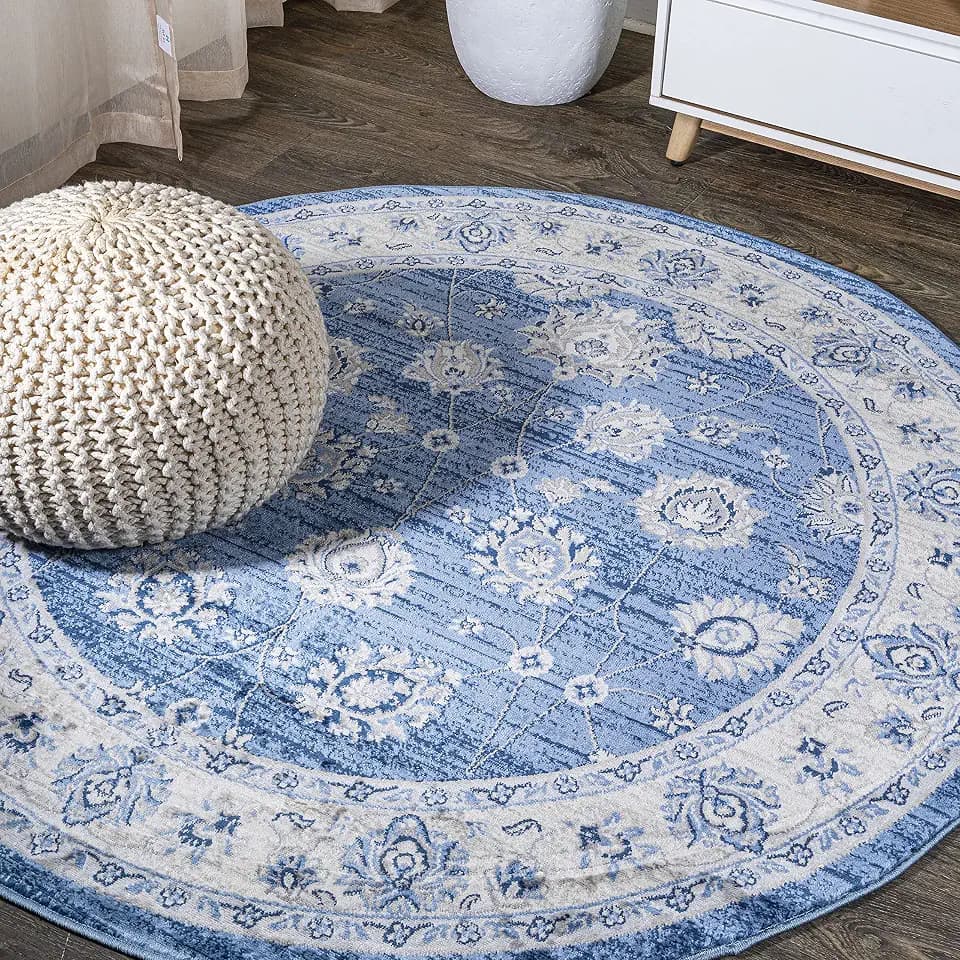 JONATHAN Y Modern Vintage Moroccan Traditional Blue/Ivory 6' Round Indoor Area Rug, Country, Floral, Easy-Cleaning for Living Room, Bedroom, Kitchen, Pet Friendly, Non-Shedding (MDP101E-6R)