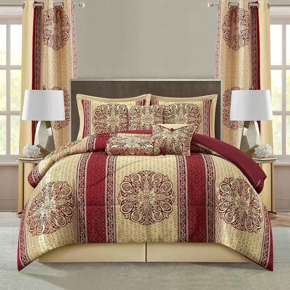 Stratford Park Medallion 9 Piece Red and Gold Comforter Set, Queen Size Jacquard Bedding, All Season Bedding Set, Bed Skirt, Pillows & Shams, Curtains