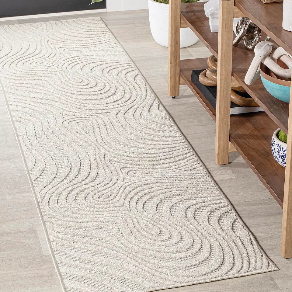 JONATHAN Y Maribo High-Low Abstract Striped Cream/Ivory 2x10 Indoor/Outdoor Runner Rug, Pet Friendly, Non-Shedding, Stain Resistant, Easy-Cleaning for Backyard, Patio (SCN103A-210)
