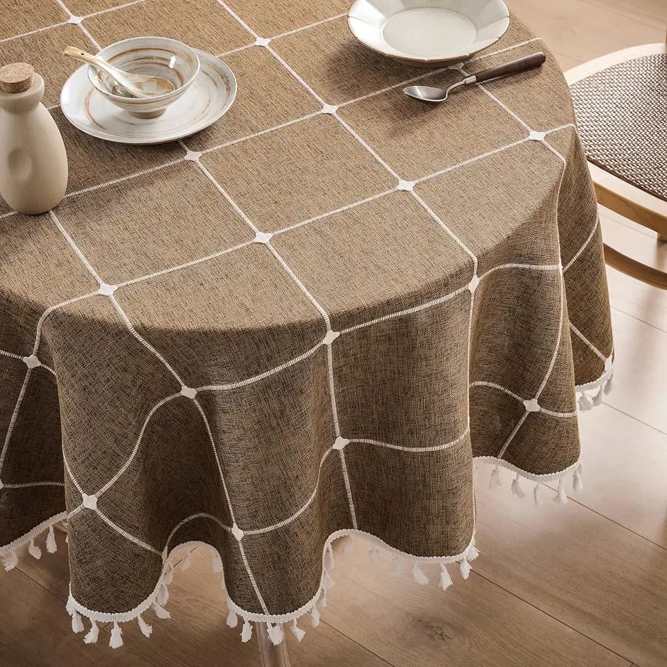 ZeeMart Boho Round Grid Tablecloth with Tassels, Caramel 52in