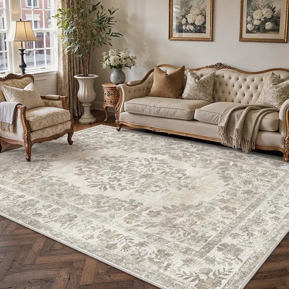 PureCozy 5x8 Washable Area Rug Living Room Cream Beige Vintage Carpet