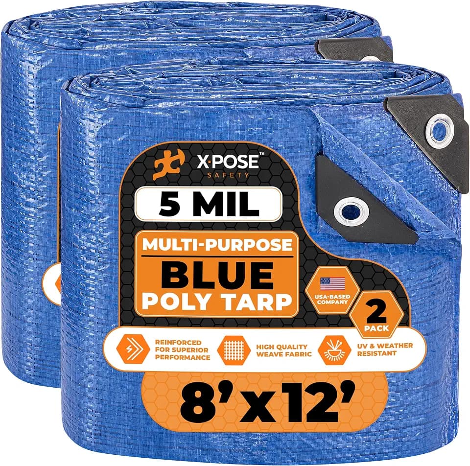 Better Blue Poly Tarp 8' x 12' (2-Pack) - Multipurpose Protective Cover - Lightweight, Durable, Waterproof, Weather Proof - 5 Mil Thick Polyethylene - by Xpose Safety