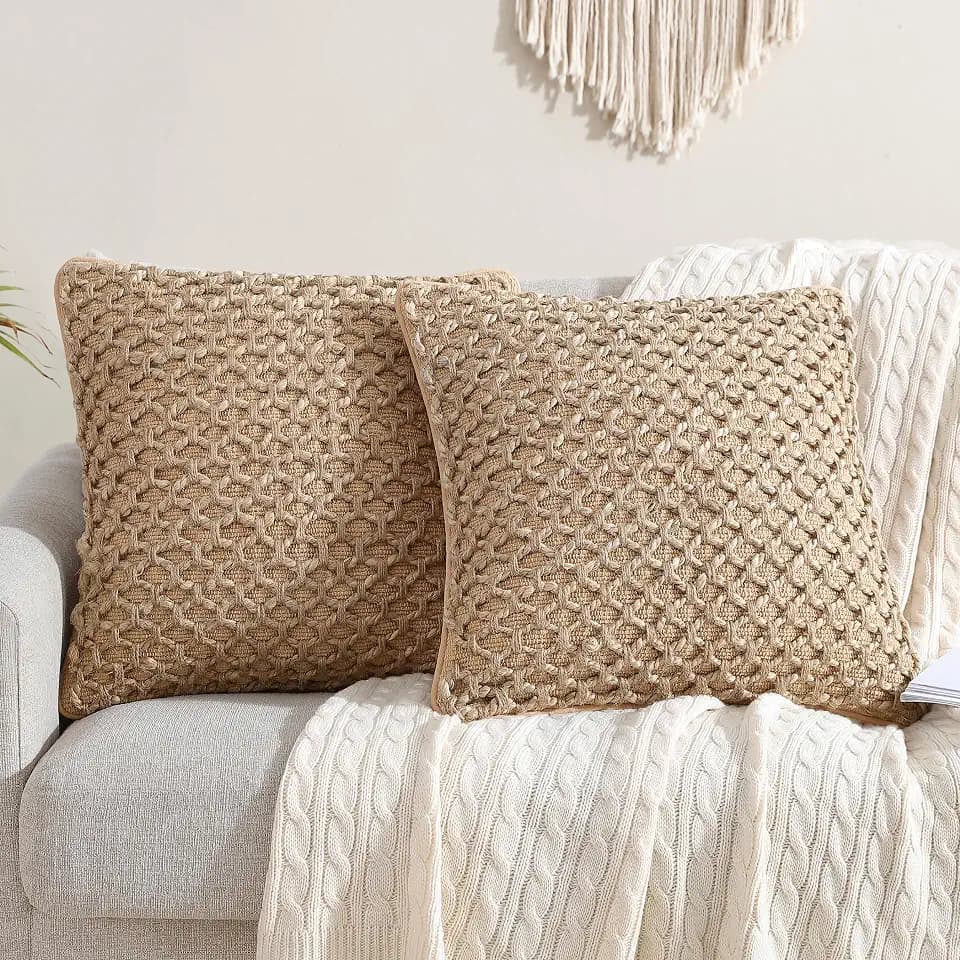Boho Living Jada Decorative Throw, Includes Accent Insert, Premium Woven Design, Living Room Décor, (2) 20" x 20" Pillow Covers, Beige 2 Count