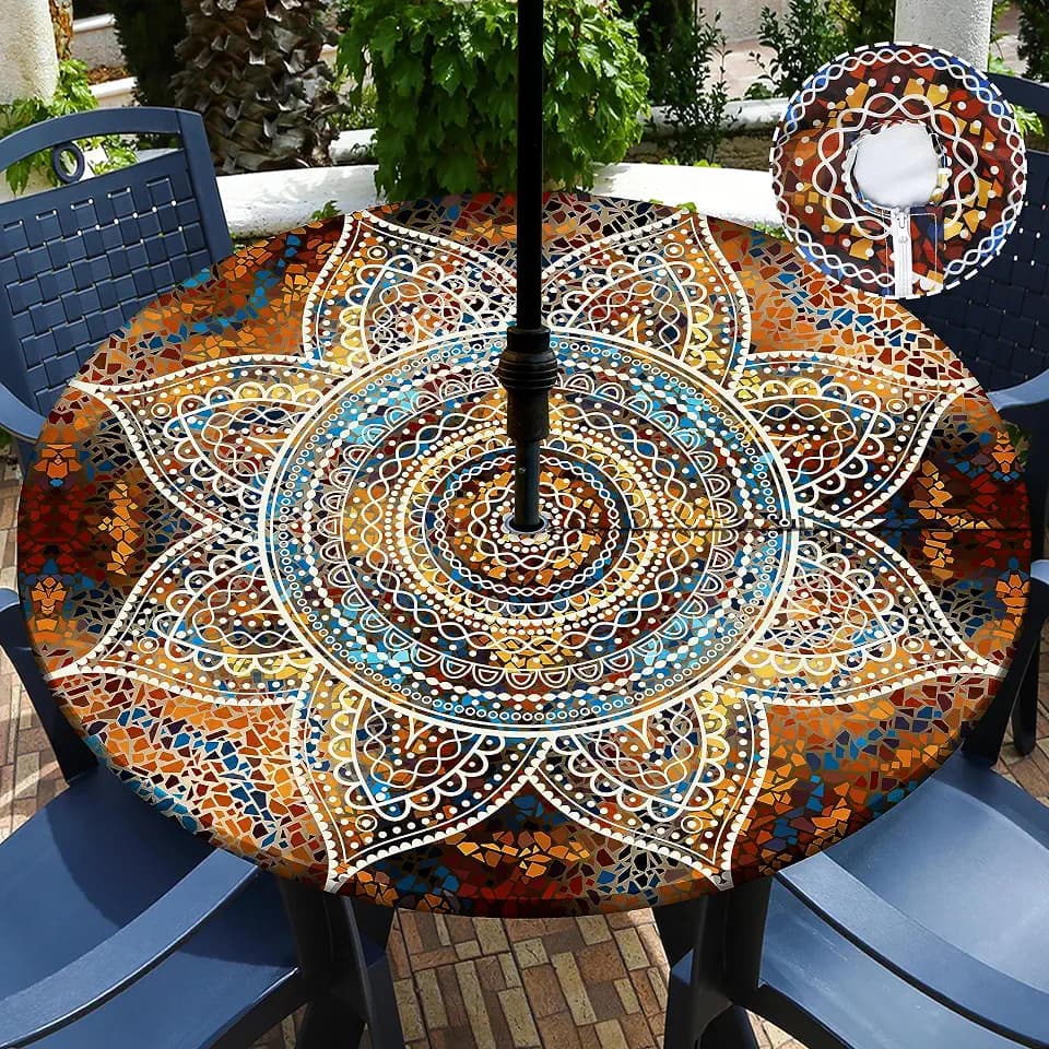 Buwuta Outdoor Tablecloth with Umbrella Hole Waterproof Round Fitted Tablecloth with Elastic Zippered Wipeable Table Cloth Round Cover for Picnic, Patio,Garden Fits to 40"-44" Patio Tables