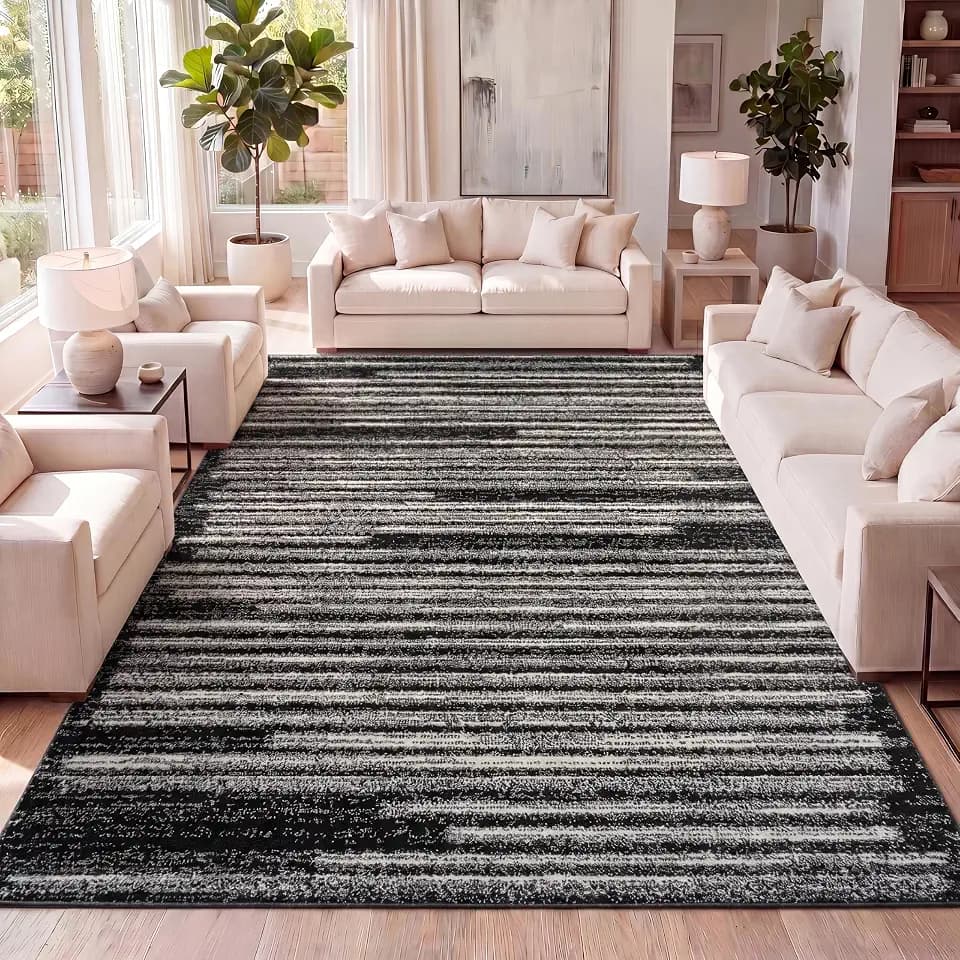 JONATHAN Y Khalil Modern Berber Stripe Black/Cream Indoor Area Rug, 5x8, Contemporary, Bohemian, Easy-Cleaning for Living Room, Bedroom, Kitchen, Pet Friendly, Non-Shedding (MOH207F-5)
