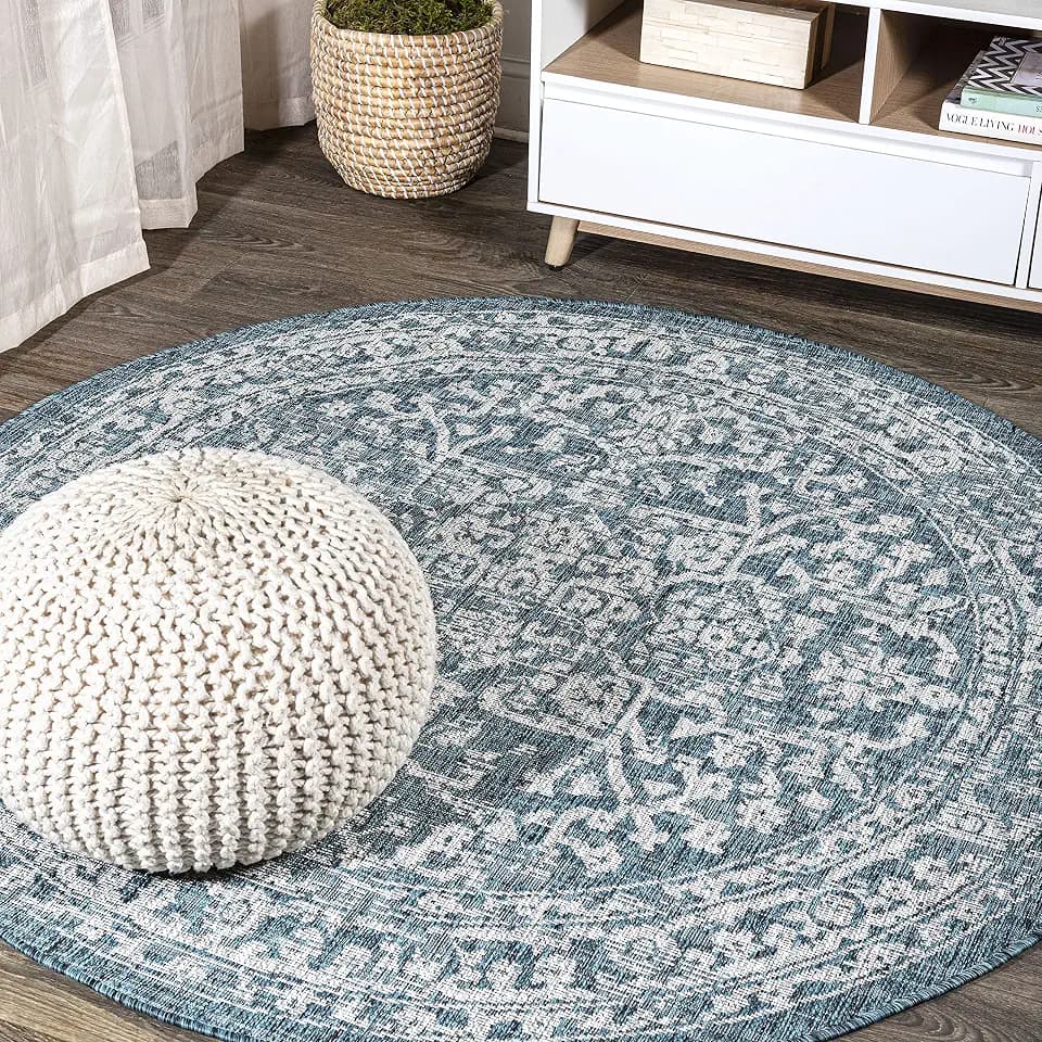 JONATHAN Y Boho Medallion Indoor Outdoor Round Area Rug 9 Ft Teal/Gray, Malta Textured Weave for Backyard, Patio, Porch, Easy-Cleaning, High Traffic, Pet-Friendly, Non-Shedding (SMB104B-9R)