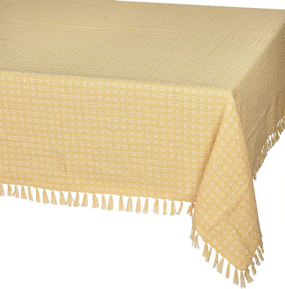 Table Cloth, Yellow/White Woven Fringed, 100% Cotton Table Cover, Size 52x52 Inch, Suitable for Formal Dining, Everyday Meals and Casual Occasions.