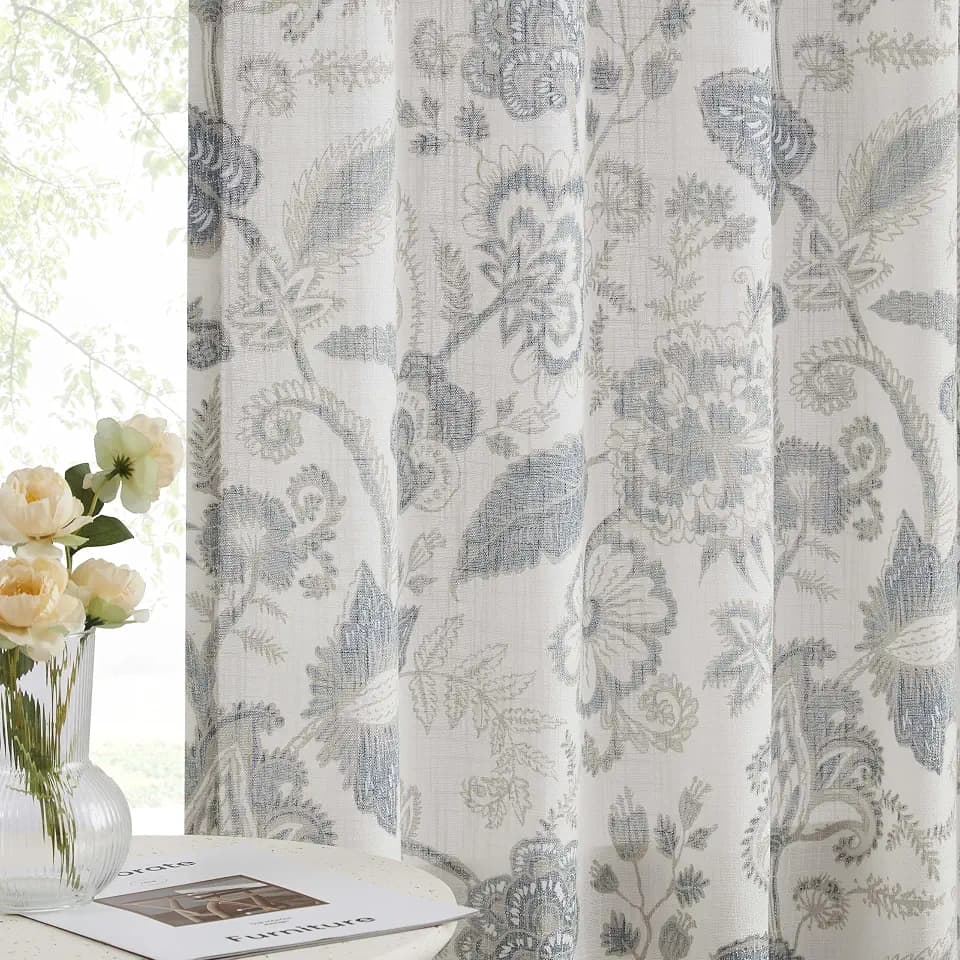 Kayne Studio Blue Grey Jacobean Floral Rod Pocket Semi Sheer Curtains 84" L