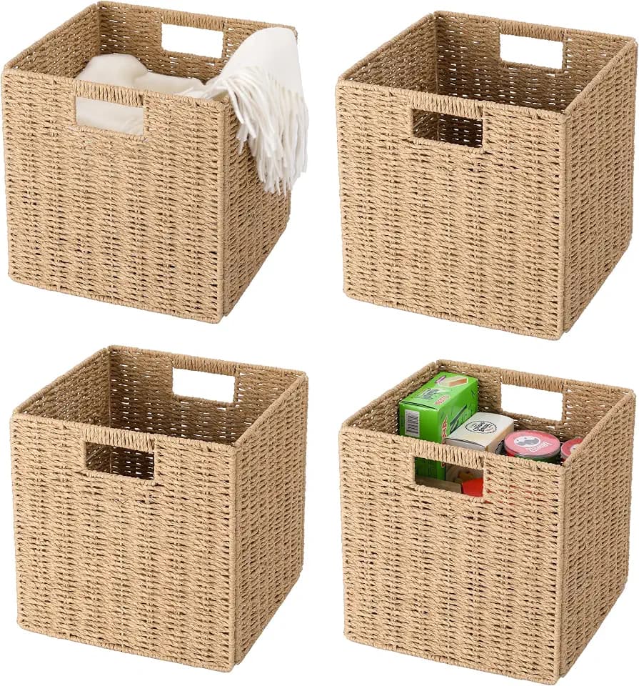 13" x 13" x 13" Wicker Storage Basket,Woven Paper Rope Wicker Baskets,Set of 4 Collapsible Square Organizers,Foldable Cube Storage Bins