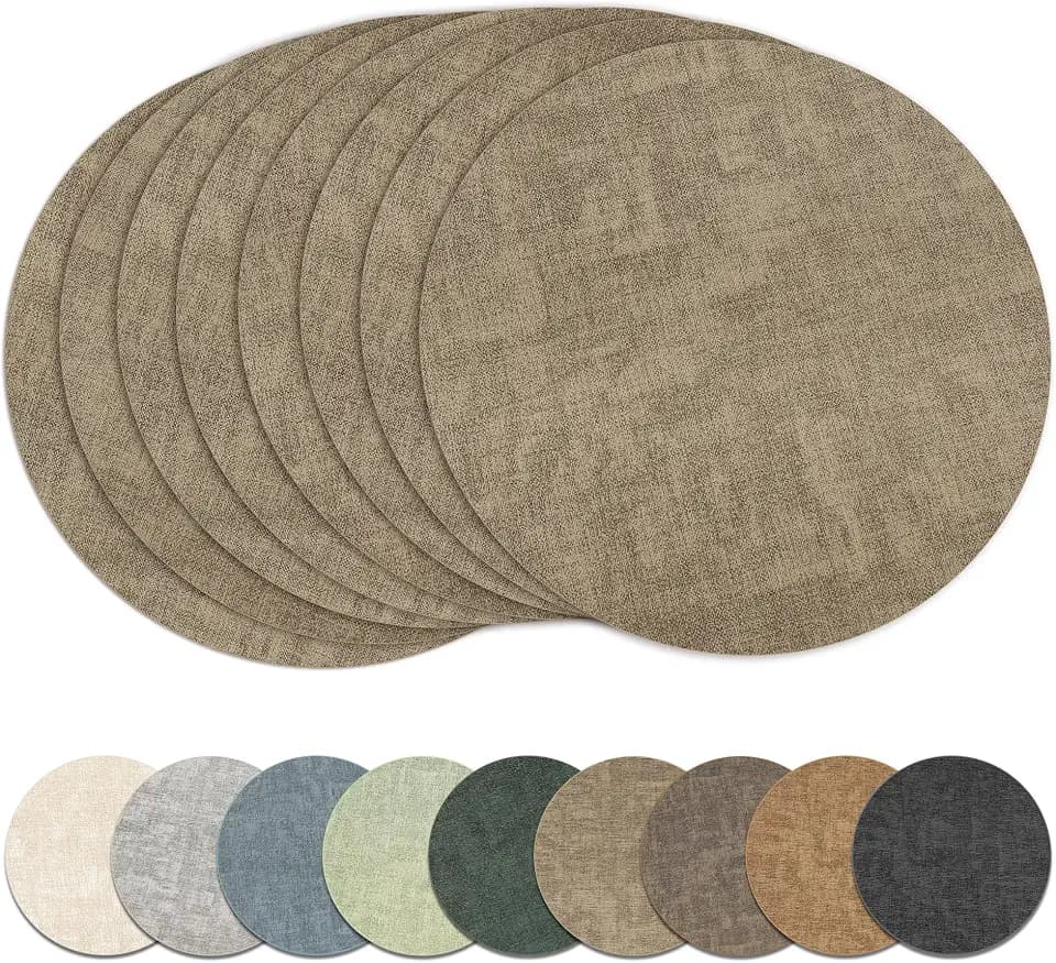 13" Round Placemats Set of 8, Reversible Faux Leather Wipeable Table Mats