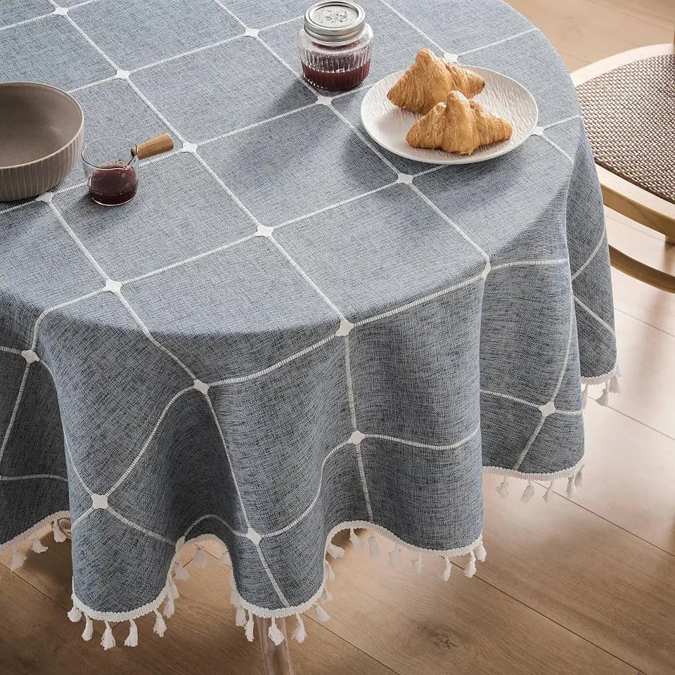 ZeeMart Boho Round Grid Tablecloth with Tassels, Blue Ashes 60in