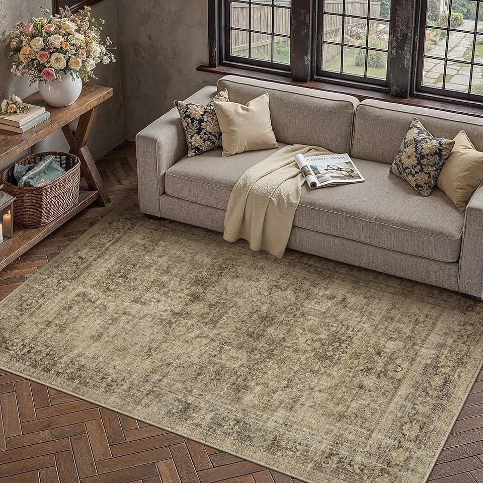 4x6 Area Rug Brown Washable Vintage Netural Living Room Carpet