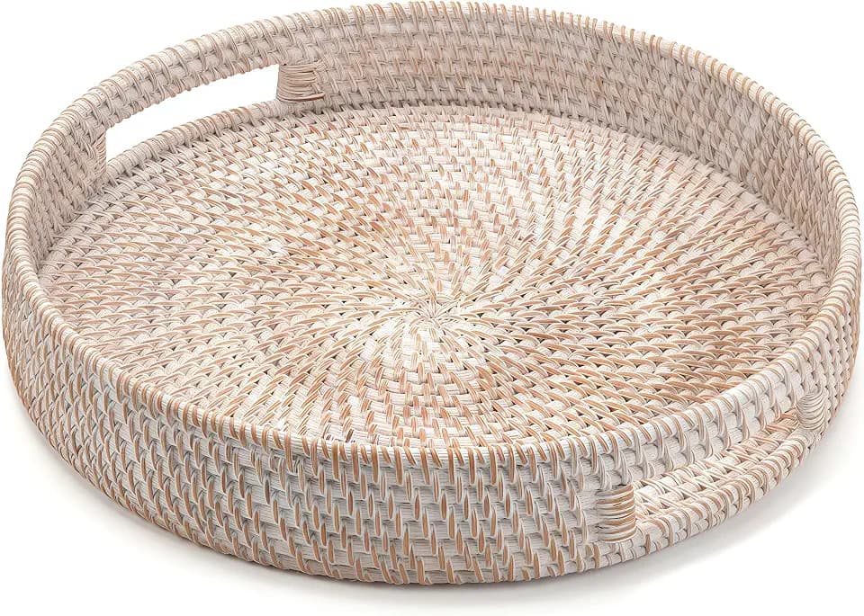 14" Round Rattan Tray, Hand Woven Serving Tray with Handles, Wicker Serving Basket, Decorative Tray for Home Decor, Whitewash