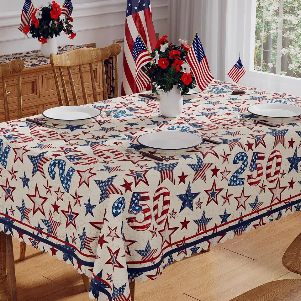 4th of July Tablecloth Rectangle 60x84 Inch, 250 Anniversary USA Merchandise Patriotic Decorations Washable America Memorial Day 250 Blue Red Stars Table Cloth Waterproof Scalloped Edge Table Cover