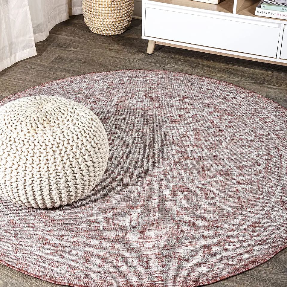 JONATHAN Y Boho Medallion Indoor Outdoor Round Area Rug 5 Ft Red/Taupe, Malta Textured Weave for Backyard, Patio, Porch, Easy-Cleaning, High Traffic, Pet-Friendly, Non-Shedding (SMB104A-5R)