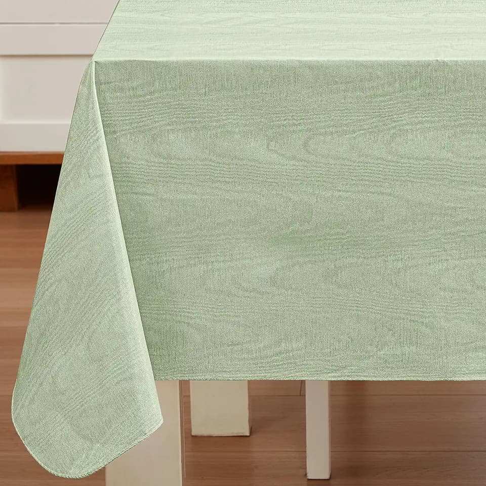 Newbridge Vinyl Flannel Backed Tablecloth, 52 x 52 Inch Square, Sage Green Moire Wavy Solid Design, Heavyweight Indoor Outdoor Waterproof Table Cover, Easy Care Wipe Clean