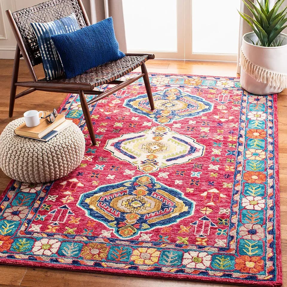 SAFAVIEH Aspen Collection Accent Rug - 4' x 6', Red & Blue, Handmade Boho Wool, Ideal for High Traffic Areas in Entryway, Living Room, Bedroom (APN527Q)