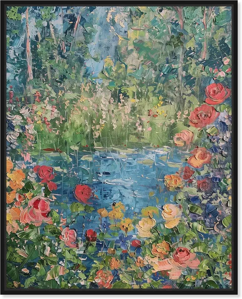 Art Remedy Serene Escape Framed Impressionism 1 Piece Canvas Wall Art/Monet And Van Gogh Inspired Art, 21" x 25", Black Frame