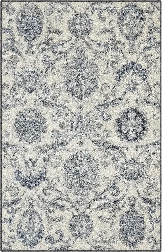 Maples Rugs Blooming Damask Floral Print Area Rugs, 46" x 30", Grey/Blue