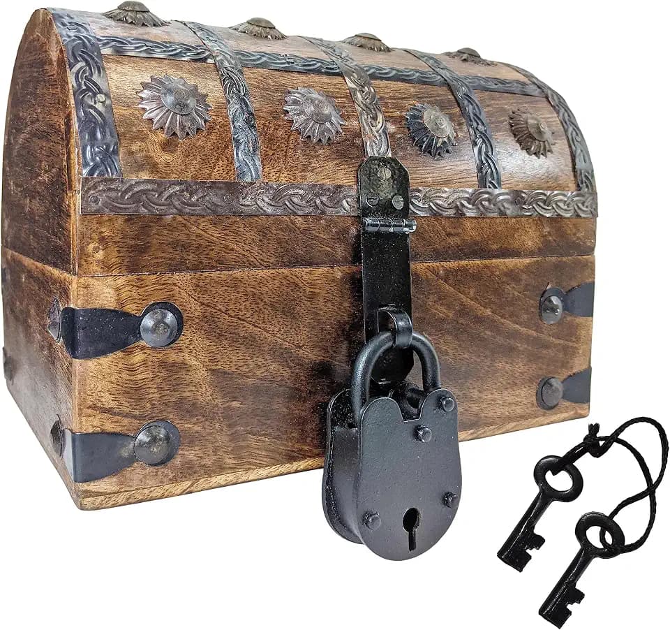 SciencePurchase Pirate's Treasure Chest (8" x 6" x 6") Wooden Nautical Jewelry Box with Functional Lock and 2 Keys, Wood with Iron Accents, Hinged Lid
