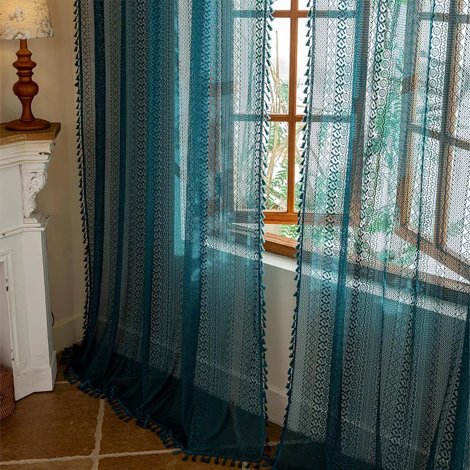 Sutuo Home Teal Boho Curtains 84 inches Long for Bedroom Living Room, Turquoise Lace Sheer Curtains Bohemian Privacy Farmhouse Vintage Crochet Tassels Window Treatments Rod Pocket, 2 Panels 50" W