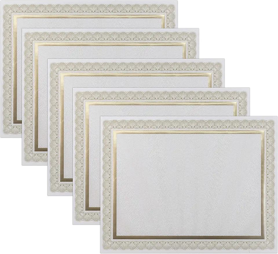 100 Sheet Certificate Paper, Gold Foil on White, 8.5 x 11 inches, Award Certificates
