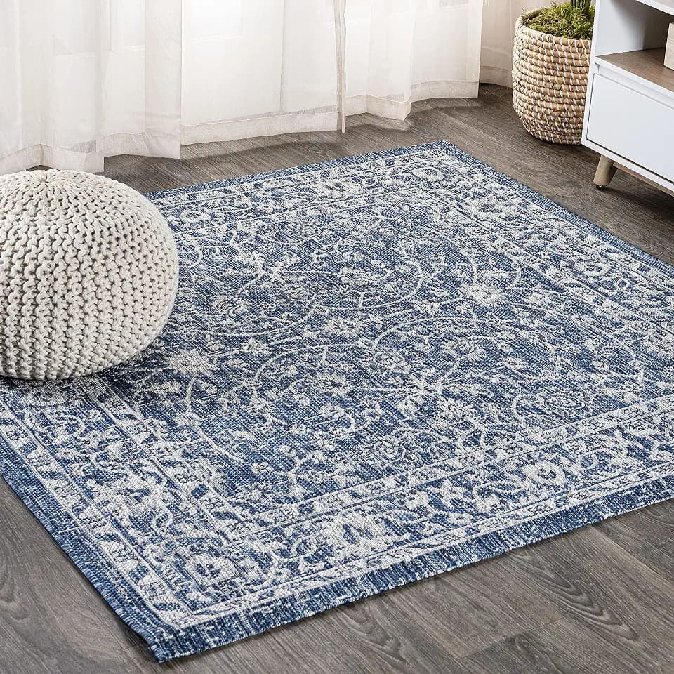 JONATHAN Y Vine & Border Indoor Outdoor Square Area Rug 5X5 Navy/Gray, Palazzo Textured Weave for Backyard, Patio, Porch, Easy-Cleaning, High Traffic, Pet-Friendly, Non-Shedding (SMB103A-5SQ)