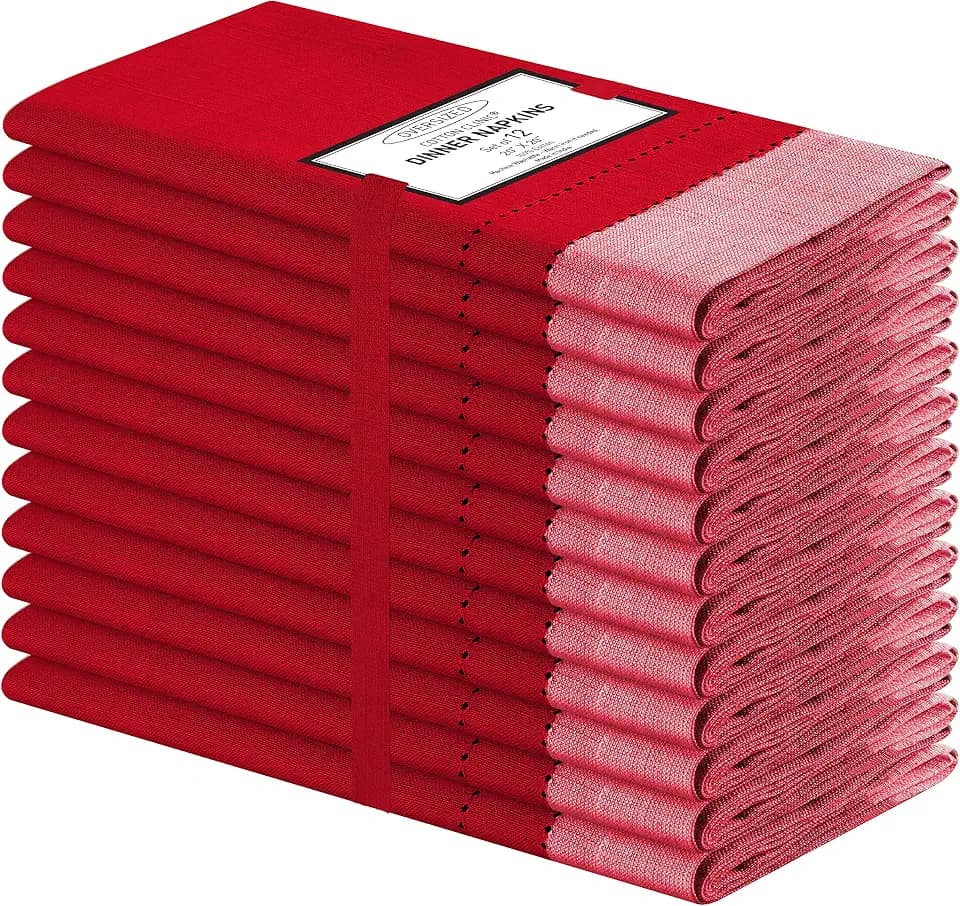 Cotton Clinic Set of 12 Hemstitch Cloth Napkins 100% Cotton 20X20 inches - Ultra Soft Absorbent Restaurant Hotel Quality - Cocktail Napkins Wedding Dinner Napkins - Washable Cloth Napkins Red