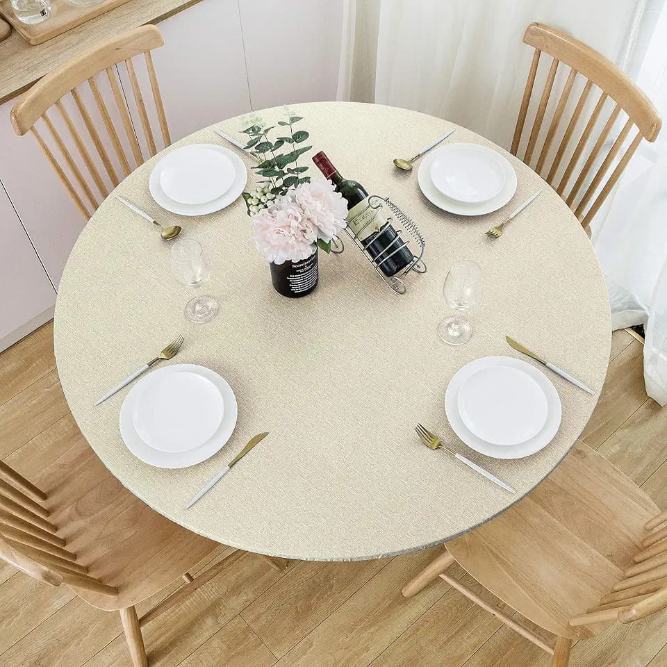 NLMUVW Round Vinyl Tablecloth with Elastic Edge, 100% Waterproof Fitted PVC Table Cloth Wipe Clean Oil Proof Table Cover for Indoor and Outdoor, Champagne, 45"- 56"