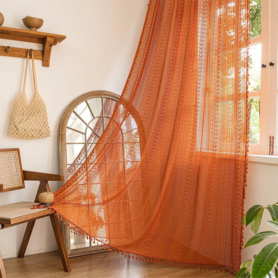 Sutuo Home Terracotta Boho Curtains for Bedroom Living Room, Crochet Lace Sheer Bohemian Style with Tassels,Window Treatment Drapes for Halloween Decor, Rod Pocket 1 Panel 59" W x 108" L, Orange
