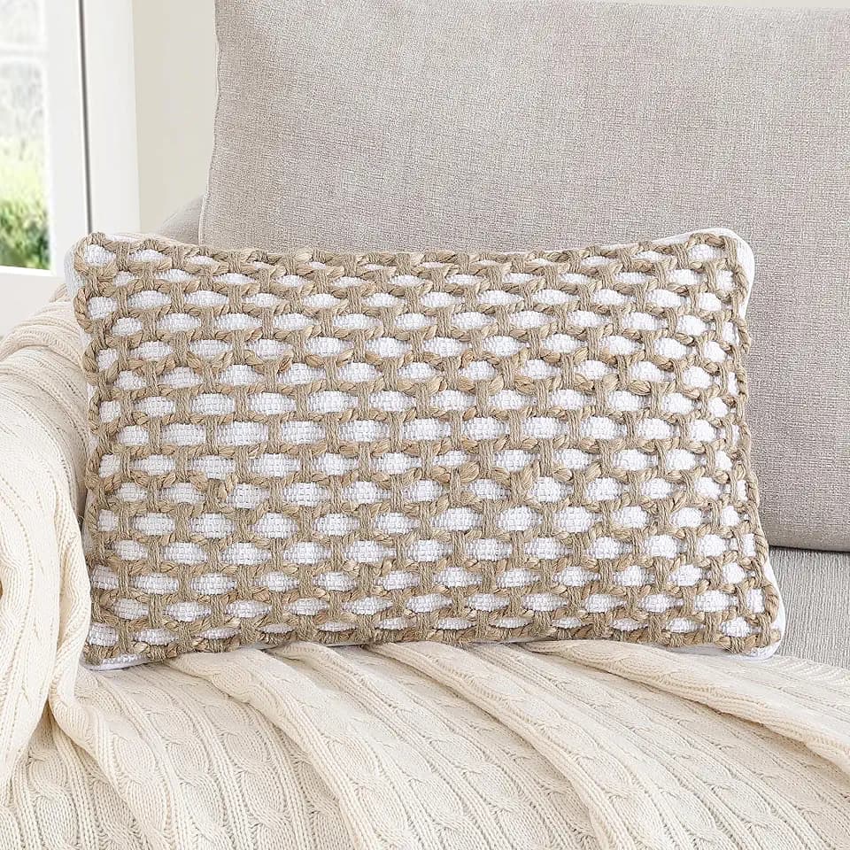 Boho Living Jada Decorative Throw, Includes Accent, Premium Woven Design, Living Room Décor, (1) 12" x 20" Pillow Cover with Insert, White