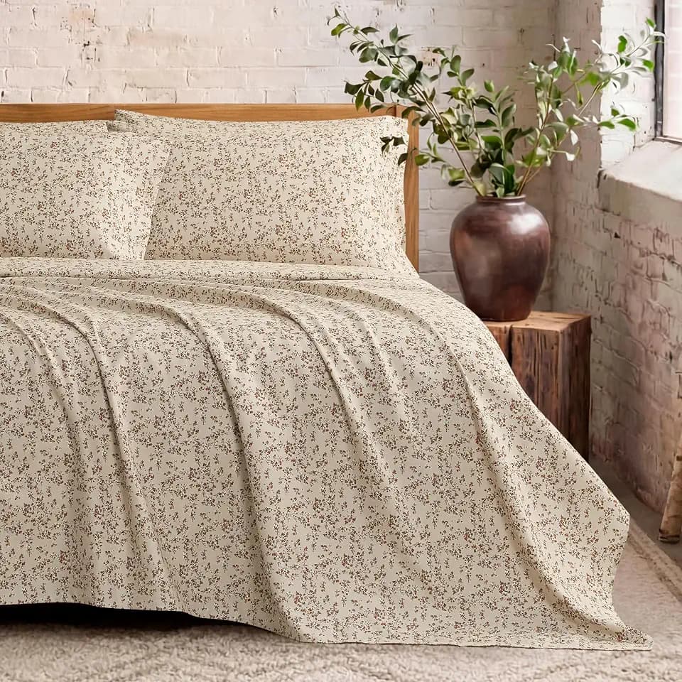 French Connection Vintage Ditsy Floral Printed Microfiber Sheet Set with Extra Pillowcases, Beige, King