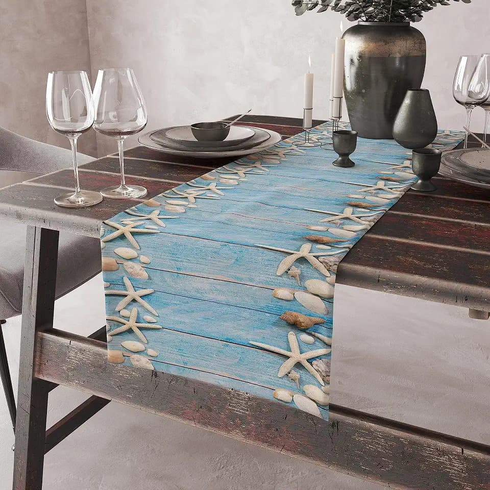 Summer Beach Table Runner Dresser Scarves Beach Theme Cotton Linen Seashells Starfish Blue Rustic Wood Table Setting Decor for Wedding Party Holiday Dinner Home 13x120 inch