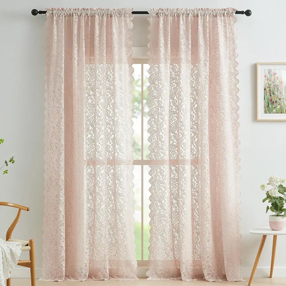 Bujasso Pink Lace Sheer Curtains 84 inch Vintage Floral Sheer Window Curtain Panels for Living Room Girls Bedroom Romantic Light Filtering Pink Drapes Window Treatment Sets Rod Pocket 54" Wx84 Lx2