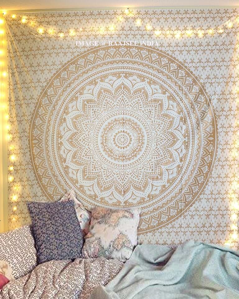 raajsee Gold Mandala Tapestry Bedroom Aesthetic - Indie Wall Tapestries Hippie Room Decor - Boho White Trippy Wall Hanging - Golden Mandalas Wall Art 52x82 inches