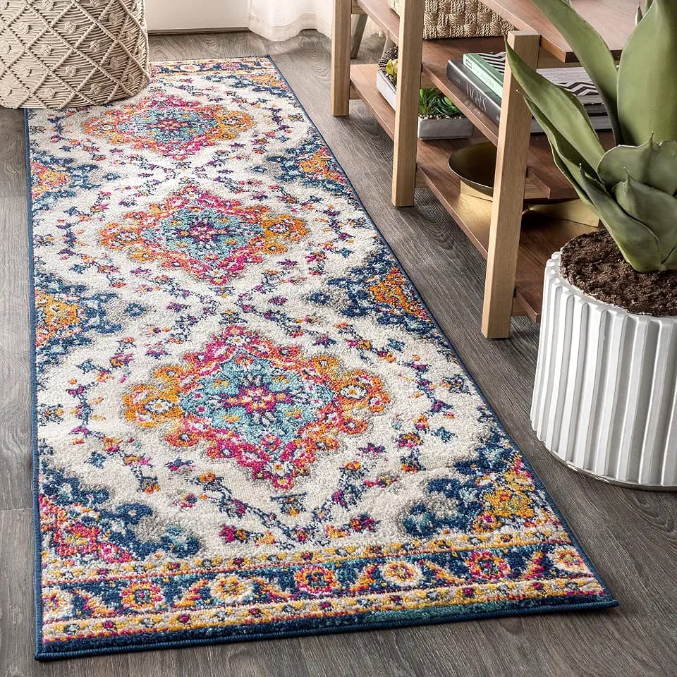 JONATHAN Y Boho Vintage Blue/Multi Runner Rug, 2x20, Bohemian Flair Medallion, Floral Easy-Cleaning High Traffic for Living Room, Bedroom, Kitchen, Pet-Friendly, Non Shedding (BMF106A-220)