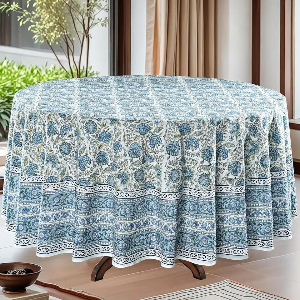 Ridhi Hand Block Print Round Tablecloth Asparagus Green 60 Inch 100% Cotton