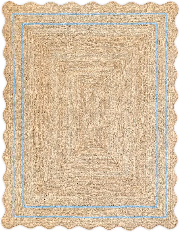 Wave Scalloped Natural Jute Runner, Sky Blue (3'x5')