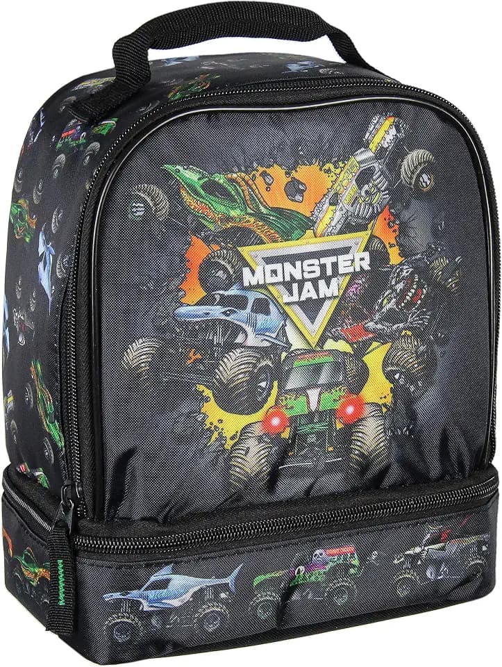 INTIMO Monster Jam Grave Digger Megalodon Pirate's Curse Dual Compartment Lunch Box Bag 9.5"