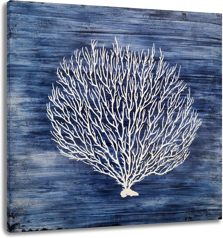 Yihui Arts Navy Blue Canvas Wall Art Hand Painted White Coral Painting Modern Abstract Tree Pictures Coastal Artwork for Bedroom Living Room Bathroom Decor