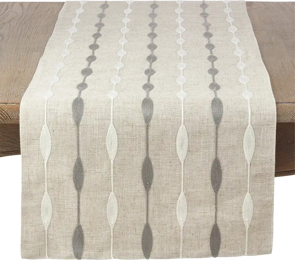 Saro Lifestyle Modern Embroidered Design Table Runner, Natural, 16" x 70"