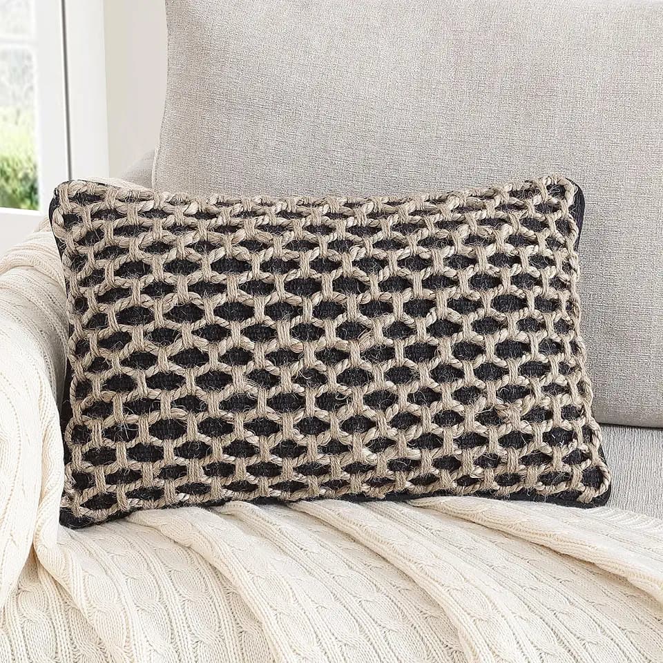 Boho Living Jada Premium Woven Design, Decorative Throw, Living Room Décor, (1) 12" x 20" Pillow Cover, Black