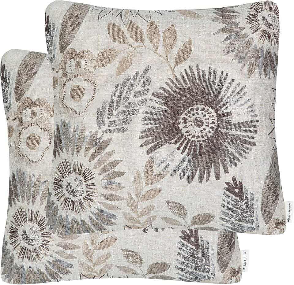 Mika Home Pack of 2 Throw Pillow Covers Decorative Pillow Cases for Sofa Couch Bed,Sunflower Pattern,22x22 Inches,Grey Cream