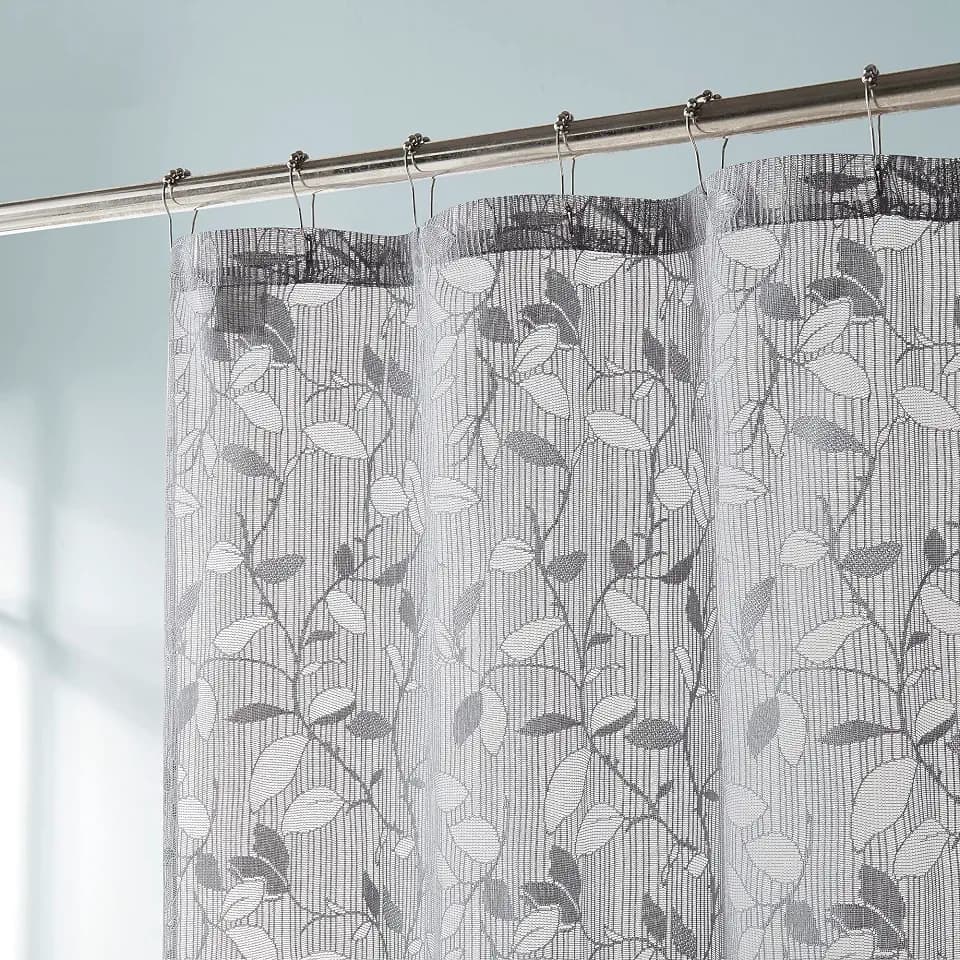 LinenZone 84 Inch Grey Lace Shower Curtain with Leaves.(Grace 72x84 Grey)