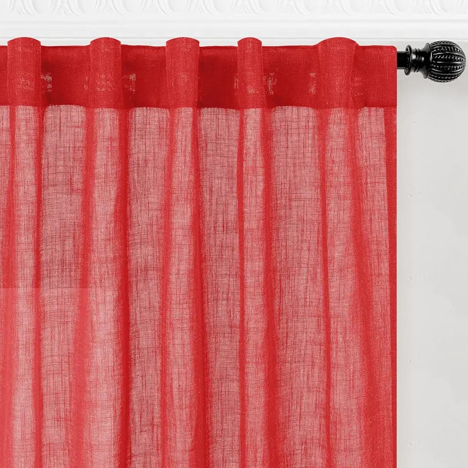 decorUhome Linen Semi Sheer Curtains 96 Inch Long, 2 Panels Light Filtering Curtains Drapes with Rod Pocket and Back Tab for Living Room Bedroom Farmhouse Christmas Decor, Red, W52 x L96