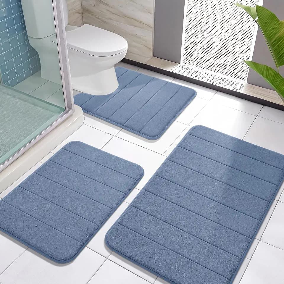 Yimobra Memory Foam Bath Mat Set 3 Pieces- Super Soft Absorbent Quick Dry Bathroom Rug Sets, Machine Washable Non Slip Floor Carpet for Tub Shower, Vanity & Toilet Base, Denim Blue