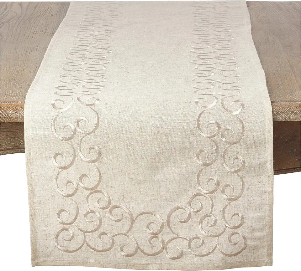 SARO LIFESTYLE Swirling Collection Embroidered Design Linen Blend Table Runner, 16" x 72", Natural