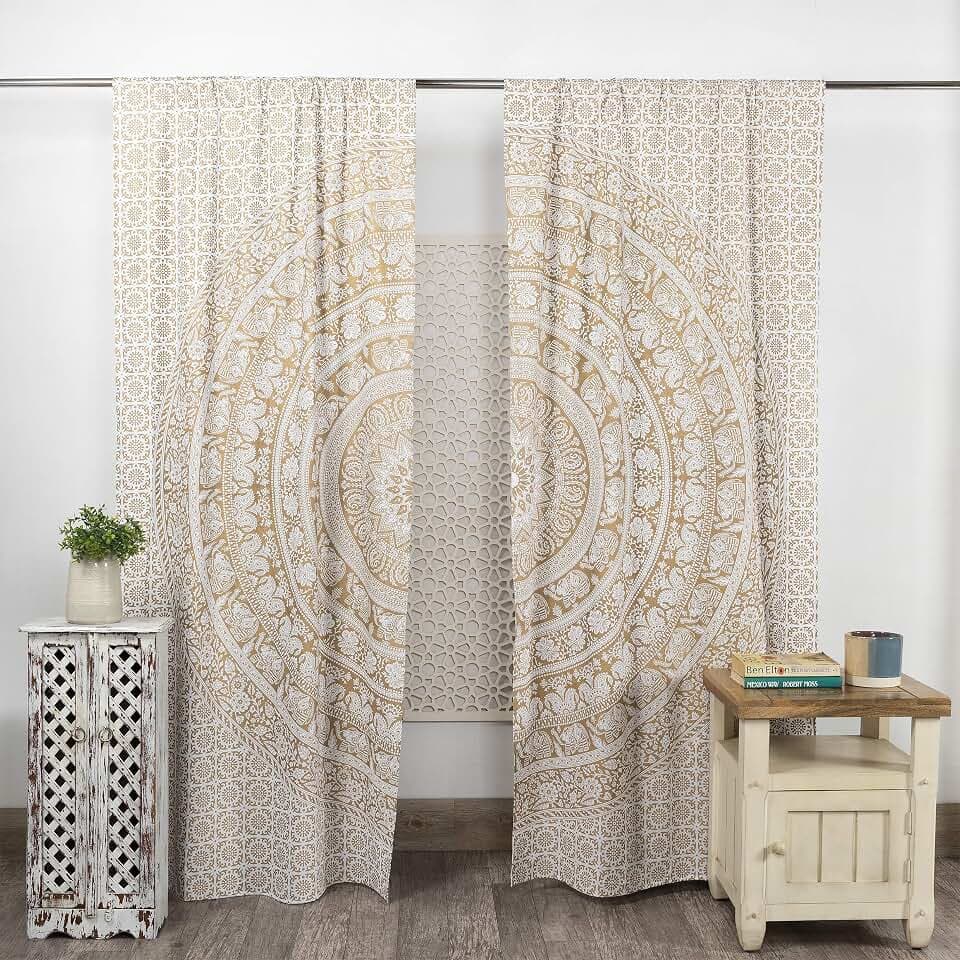 Popular Handicrafts Indian Hippie Bohemian Beautiful Elephant Mandala Curtain Panels White Gold