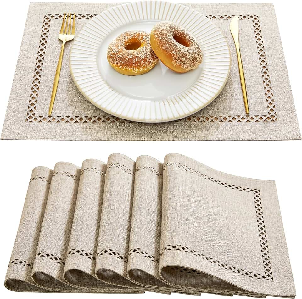 Farmhouse Burlap Place Mats, Coffee Placemats Set of 6, 12 x 18 Inch